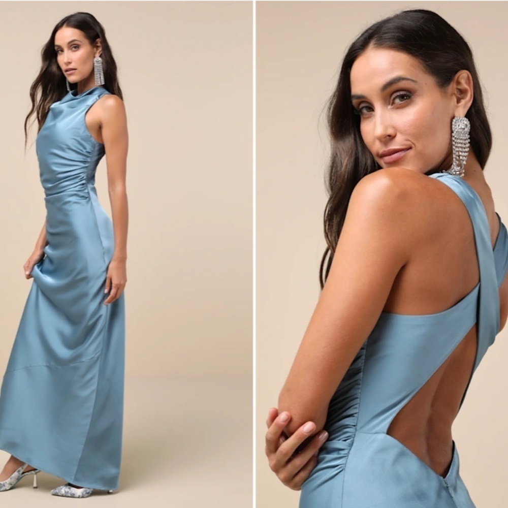 Lulu's Dusty Blue Satin Cowl Neck Maxi Dress